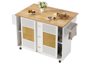 Îlot de cuisine mobile blanc 146,85x70x90 cm, plateau rabattable et rangements