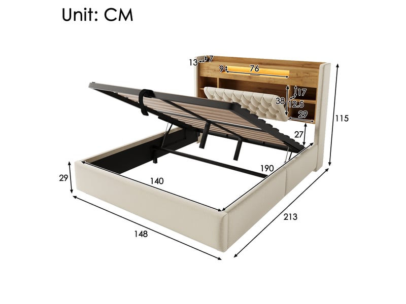  Lit coffre 140x190 cm avec led, ports usb et usb-c, coloris beige  - Conforama C