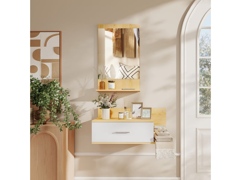  Ensemble mural pour entrée avec miroir et rangements, miroir avec tiroir et 2 étagères ouvertes, bois naturel  - Conforama C