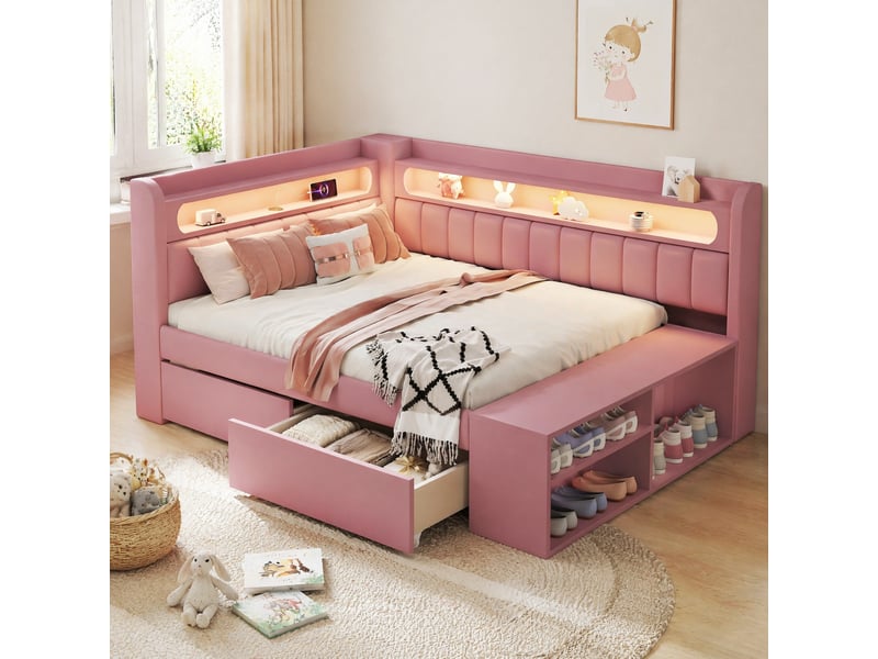  Modenvie lit de jour 90x200 cm - led, usb et 2 tiroirs avec meuble à chaussures - pour chambre - rose  - Conforama B