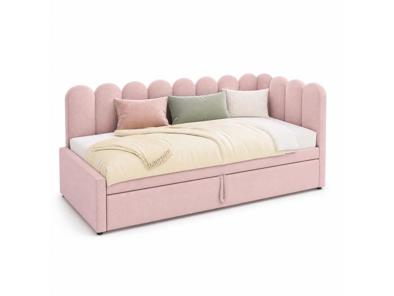  Lit banquette extensible 200×90 cm et 200×180 cm, en velours rose et beige, avec dossier et tête de lit  - Conforama A