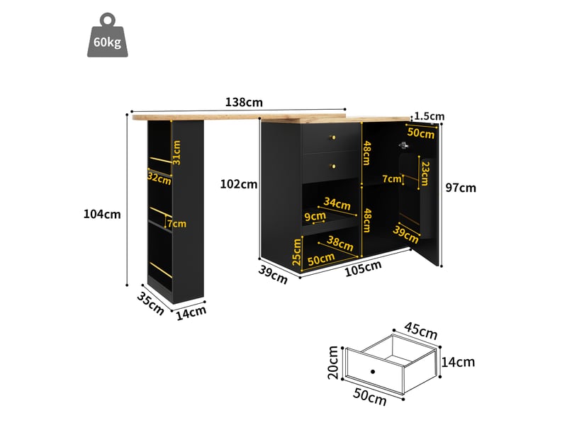  Desserte bar pivotante 138 x 39 x 102 cm noire en mdf, 2 tiroirs, porte et étagères latérales ouvertes  - Conforama C