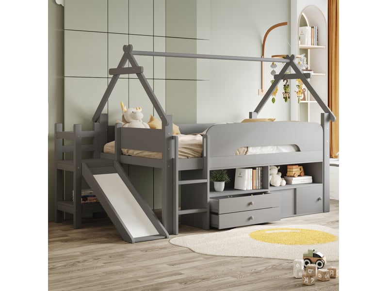  Lit surélevé 90x200 cm, avec toboggan et rangements, en bois, gris, sans matelas  - Conforama E