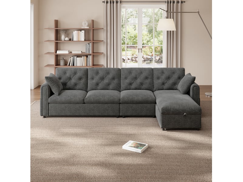  Canapé d'angle convertible réversible 281 x 132 cm – gris – coffre de rangement et poches latérales  - Conforama B
