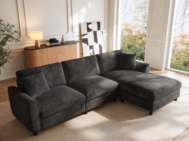 Canapé d'angle 3 places forme nuage, méridienne réversible, couchage 90cm, modulaire multifonctionnel, 256x137x79 cm, gris - Conforama B