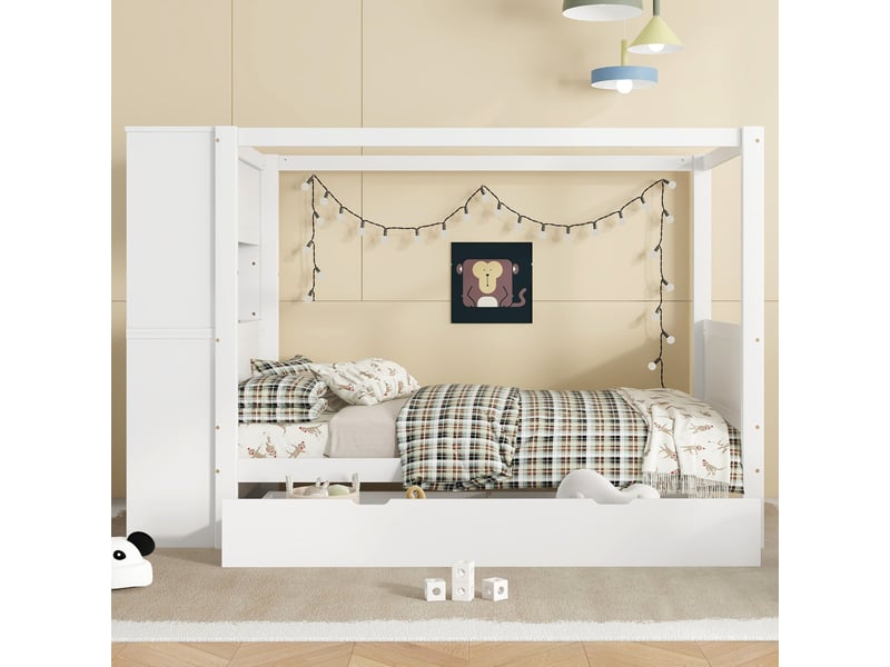  Lit enfant 90x200 cm avec meuble de rangement et 5 tiroirs, blanc et bois naturel  - Conforama B