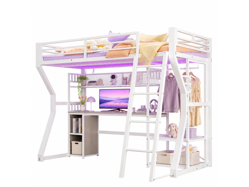  Lit mezzanine 90x200 cm avec bureau et éclairage en métal et mdf blanc  - Conforama A