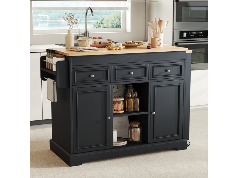  Desserte de cuisine avec 3 tiroirs, 2 portes, plateau extensible et roulettes noir et naturel 112 × 45 × 92 cm  - Conforama B