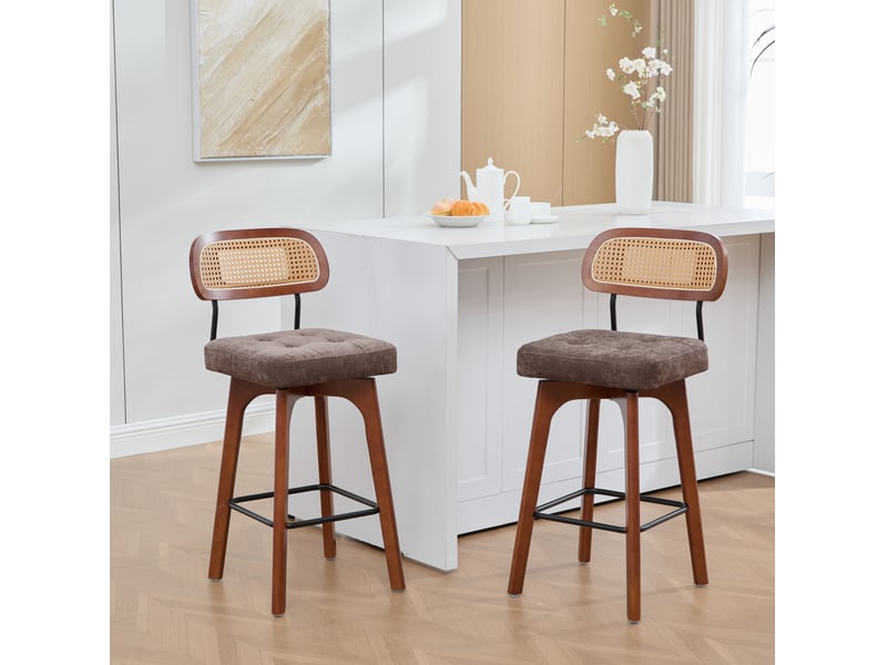  Lot de 2 tabourets de bar 44 x 51 x 96 cm marron en chenille, avec dossier en rotin, pivotants à 360 degrés  - Conforama B