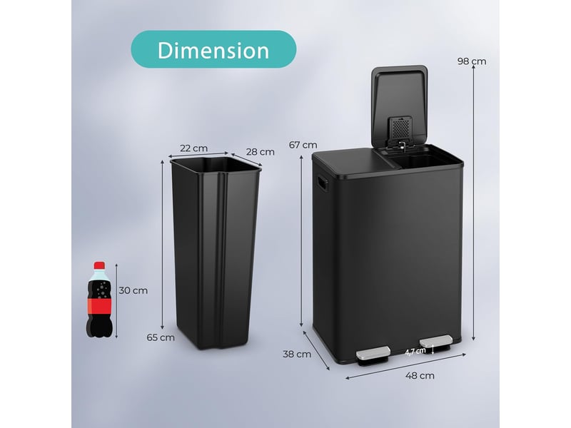 Poubelle tri 60l, poubelle à domicile avec 2 compartiments 30l, compartiment désodorisant intégré et cadre résistant(noir,60l-2x30l) - Conforama B