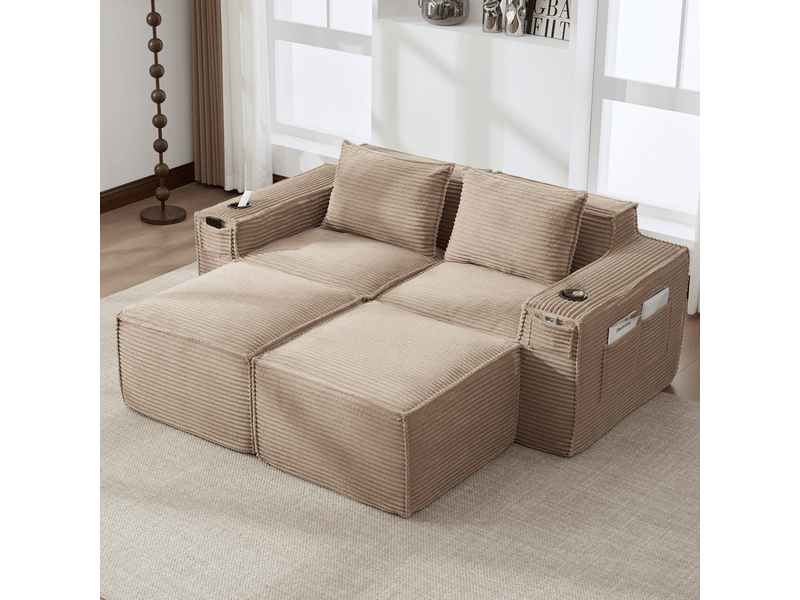 Canapé modulaire 2 places avec 2 poufs et porte-gobelets - lpospi - poches latérales, velours côtelé kaki - Conforama C