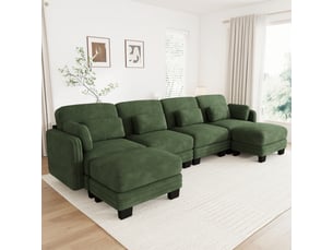 Canapé panoramique modulable en u 4 places avec 2 poufs, assise large et profonde, tissu chenille vert, cadre bois massif, 330 x 143 x 88 cm