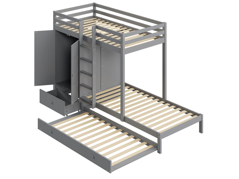 Lit superposé enfant 90 x 200 cm avec lit gigogne, armoire, tiroirs et étagère gris  - Conforama A