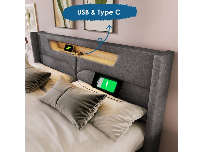  Lit coffre rembourré 140x200 cm avec rangement hydraulique, éclairage led, ports usb et type-c, revêtement en lin, gris  - Conforama E