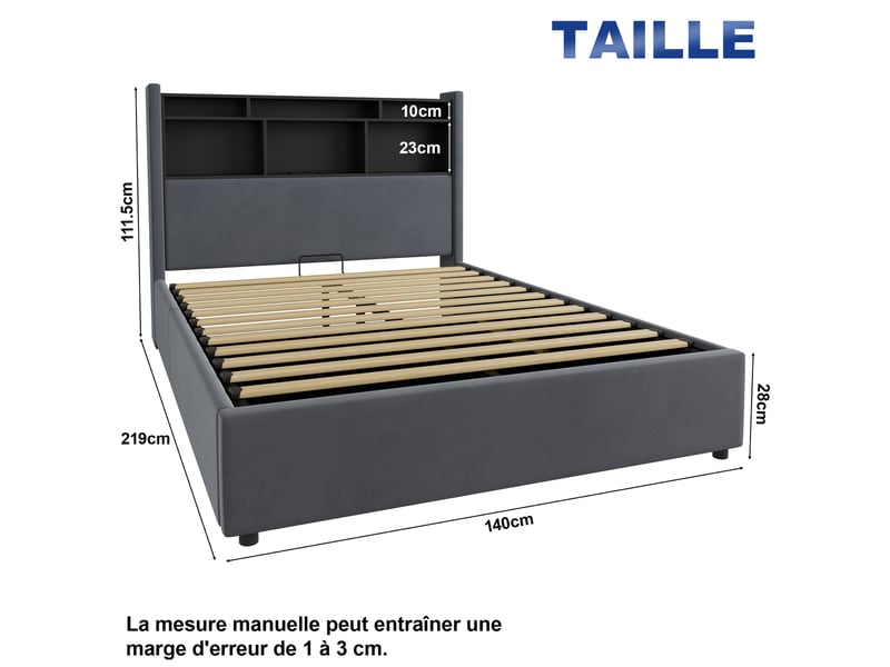  Lit simple 140×200 cm, led, prises et rangements ouverts en tête de lit, lit rembourré avec veilleuse, sans matelas - gris  - Conforama D