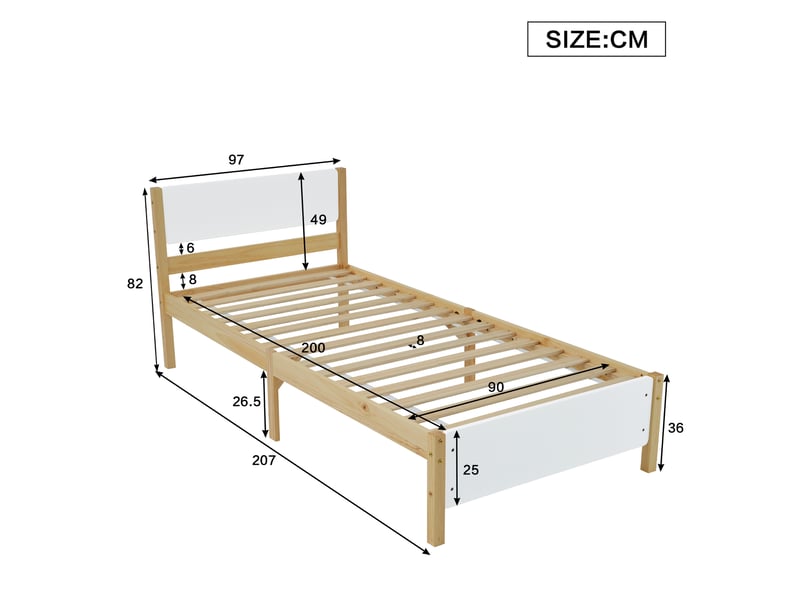  Lit simple 90x200 cm avec sommier et pied central robuste, pin et mdf, blanc et couleur naturelle, sans matelas  - Conforama C