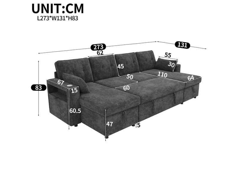Canapé convertible en u modenvie 4 places avec 2 méridiennes, rangement, led et usb type-c, chenille gris 273 x 131 x 83 cm - Conforama C