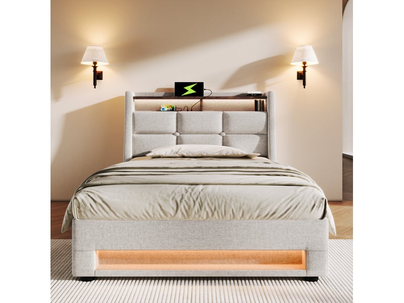  Modenvie lit coffre 90x200 cm - avec rangement, led, ports usb et matelas inclus - beige  - Conforama D