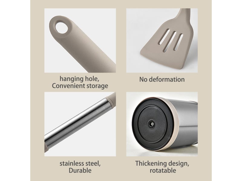  Ensemble de 12 ustensiles de cuisine en acier inoxydable et silicone avec seau de rangement rotatif, gris  - Conforama E