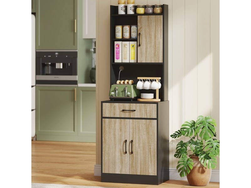  Meuble de cuisine avec plan de travail et passe-câble, 60x40x180 cm, 1 tiroir, 3 niches ouvertes, panneau de particules, bois naturel et noir  - Conforama D