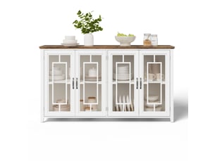 Buffet de cuisine 160 cm blanc avec plateau effet bois, meuble de rangement 4 portes en verre pour salle à manger