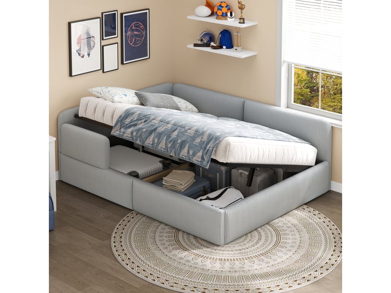  Lit banquette coffre 140x200 cm, banquette-lit, espace inférieur modulable, support à lattes stable, design moderne, velours côtelé gris CozyNest - Conforama B