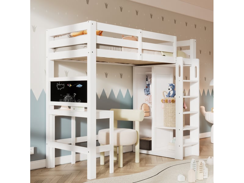  Lit mezzanine enfant blanc 90x200 cm avec bureau, armoire ouverte et tableau noir  - Conforama D