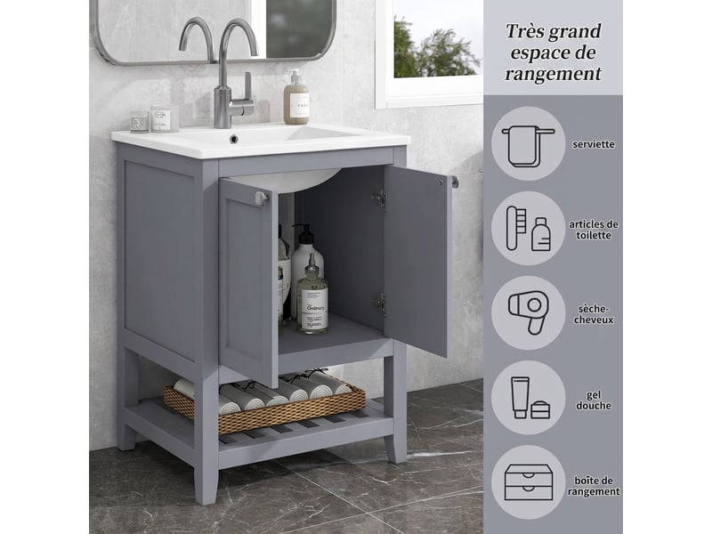 Meuble salle de bain avec vasque céramique 60 cm - sur pied gris clair avec rangement  - Conforama D
