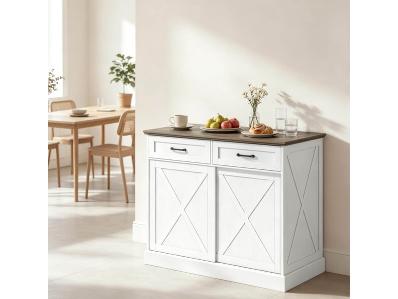 Îlot de cuisine fixe 106,4x57x92 cm avec 2 tiroirs, blanc et brun antique  - Conforama C