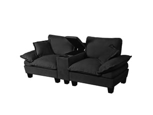 Canapé modulaire 2 places en chenille noir avec rangements, porte-gobelets et ports usb