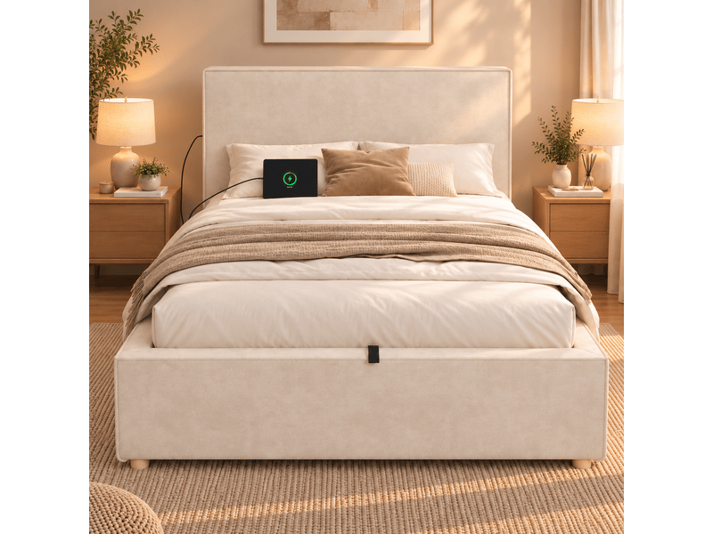 Lit coffre rembourré 90 x 200 cm, rangement hydraulique, sommier à lattes, tête de lit rembourrée, grand espace de rangement, chenille, beige Bliss Lite - Conforama D