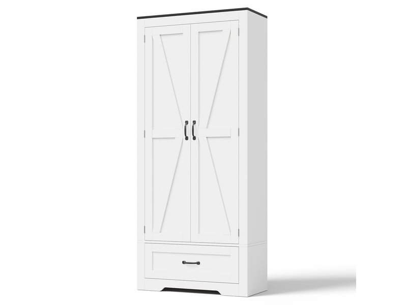  Armoire haute de cuisine 80x35x183 cm avec 2 portes style grange, 1 grand tiroir, rangements de porte, étagères réglables, anti-basculement, mdf blanc  - Conforama A
