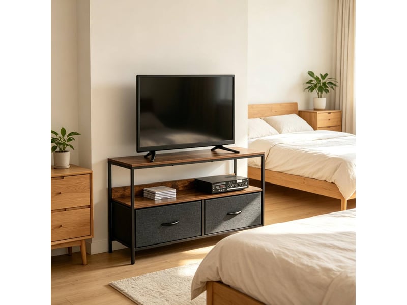  Meuble tv industriel avec 2 tiroirs pliables et étagère ouverte, marron rustique et gris  - Conforama B