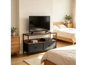 Meuble tv industriel avec 2 tiroirs pliables et étagère ouverte, marron rustique et gris