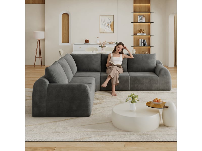 Canapé sans structure en mousse compressée 267 × 267 × 85 cm, gris foncé, tissu chenille, sans montage, mousse haute élasticité - Conforama E