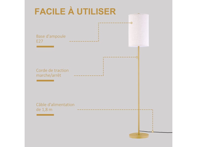  Lampadaire design 40 w max. Piètement mât acier doré abat-jour lin crème dim. 25,5 x 25,5 x 157 cm doré et beige  - Conforama E