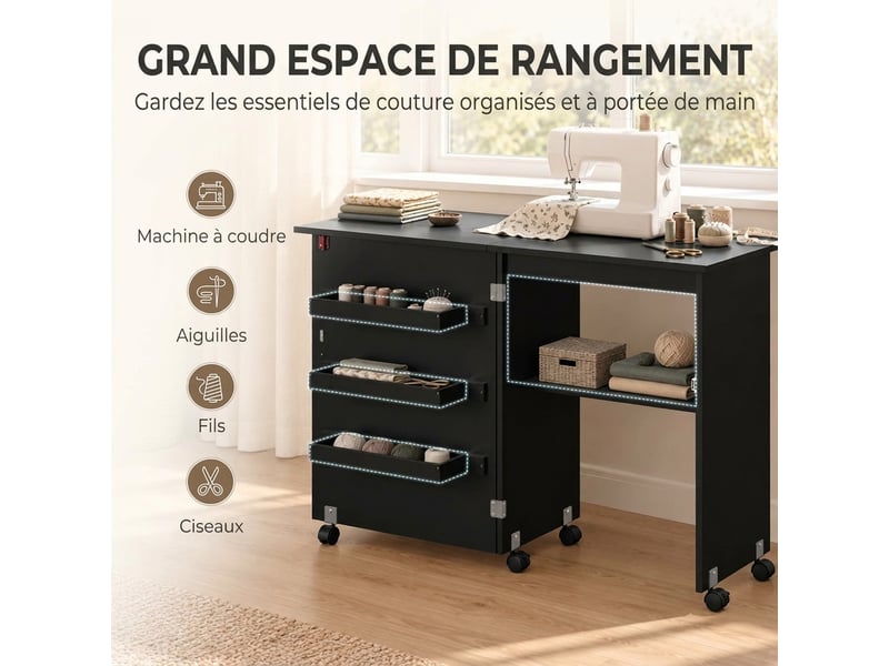 Table de couture pliable sur roulettes - table à rabat - 4 étagères - noir - Conforama E