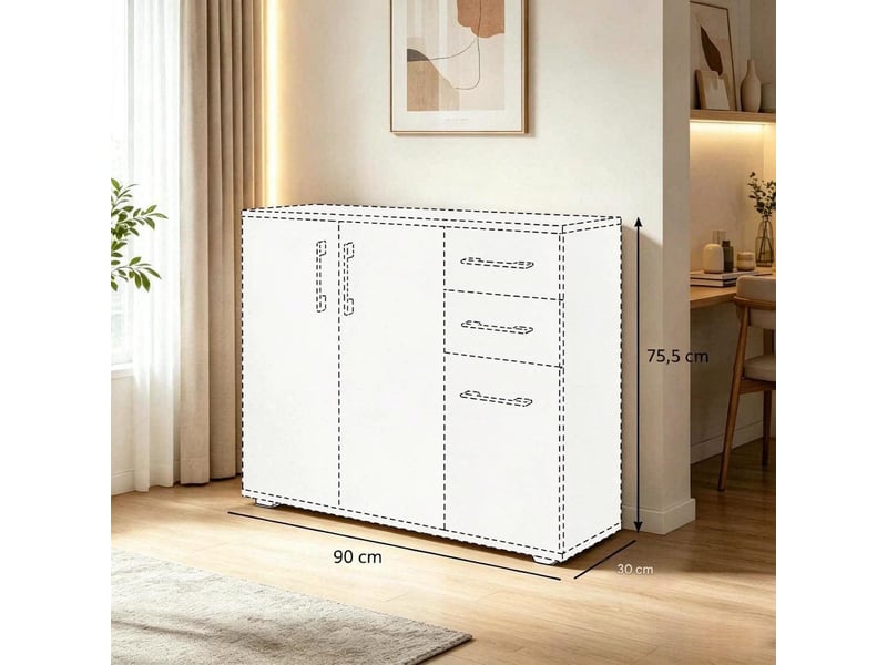 Buffet 3 portes 2 tiroirs meuble de rangement blanc et naturel 90 x 30 x 75.5 cm - Conforama C