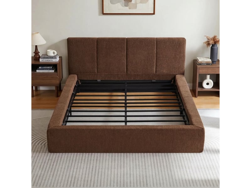 Cadre de lit 140x200 avec tête de lit rembourrée, lit double marron sans sommier tapissier - Conforama B