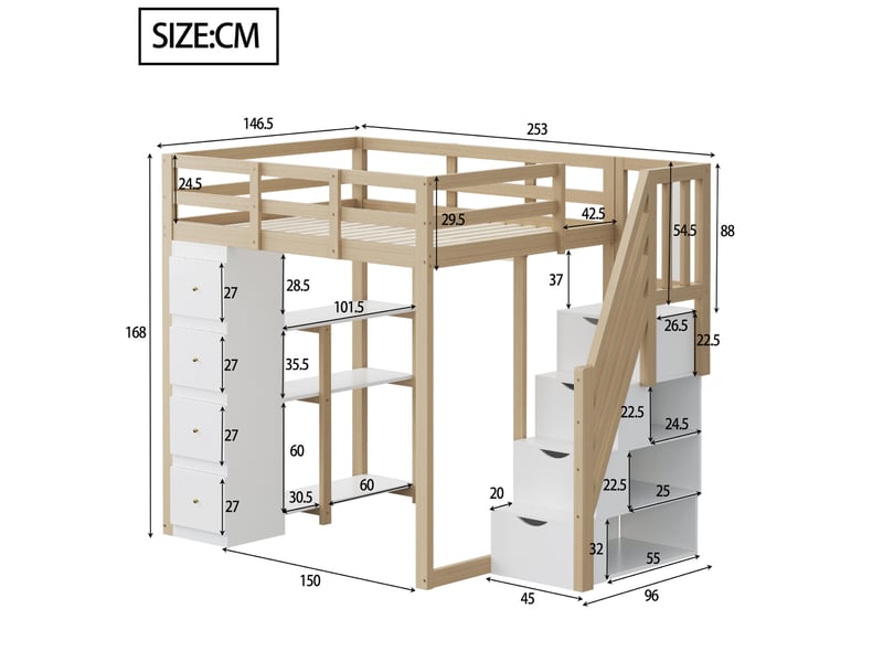  Lit mezzanine 140x200cm, li enfant avec 4 tiroirs, étagères, escalier, espace de rangement et sommier, pin+mdf, blanc+bois, sans matelas  - Conforama C