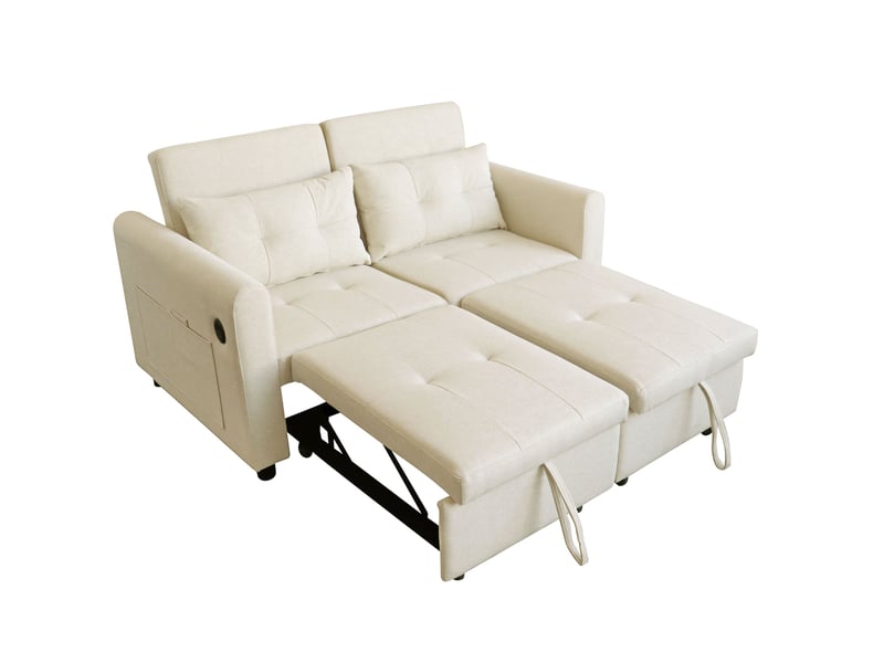 Canapé droit convertible 2 places beige en tissu, dossier réglable et ports usb, idéal pour les petits espaces - Conforama A