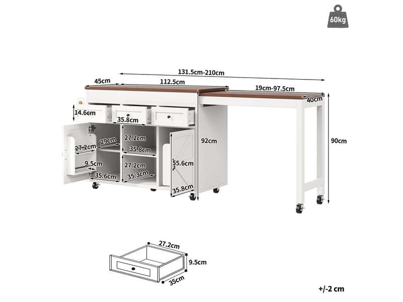  Îlot de cuisine extensible et pivotant avec rangements, mdf blanc  - Conforama E