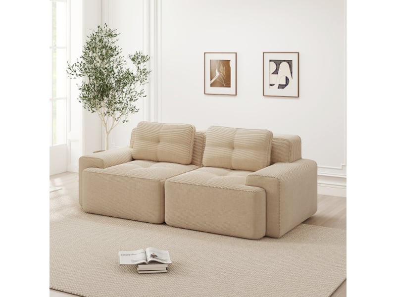  Canapé modulable 2 places sans structure en velours côtelé, convertible en lit, assise profonde beige  - Conforama W