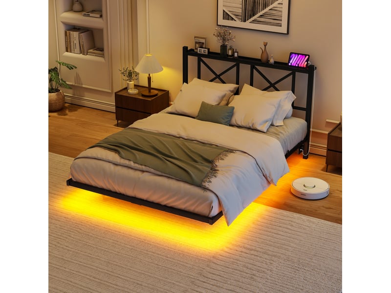Lit double 120 × 200 cm avec led, station de charge, tête de lit, sans matelas, en métal noir - Conforama B