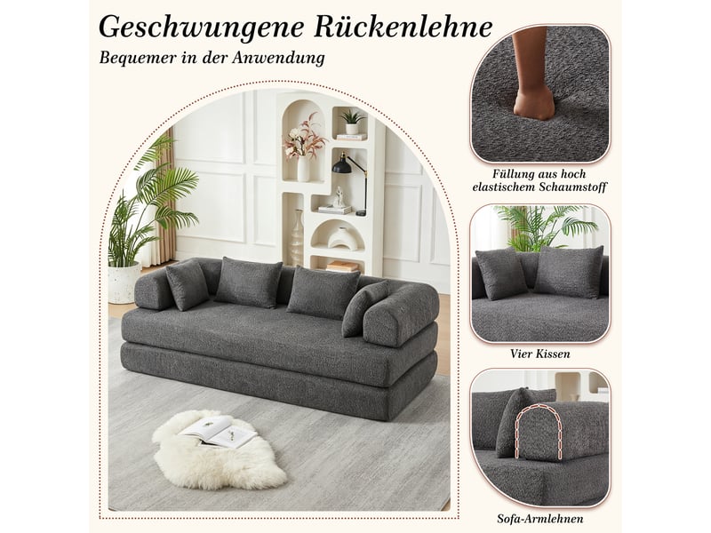  Canapé-lit convertible 2 places,200x95x68cm,canapé modulable 4 en 1 en tissu chenille,dossier réglable,4 coussins inclus,aucun montage requis,gris  - Conforama D