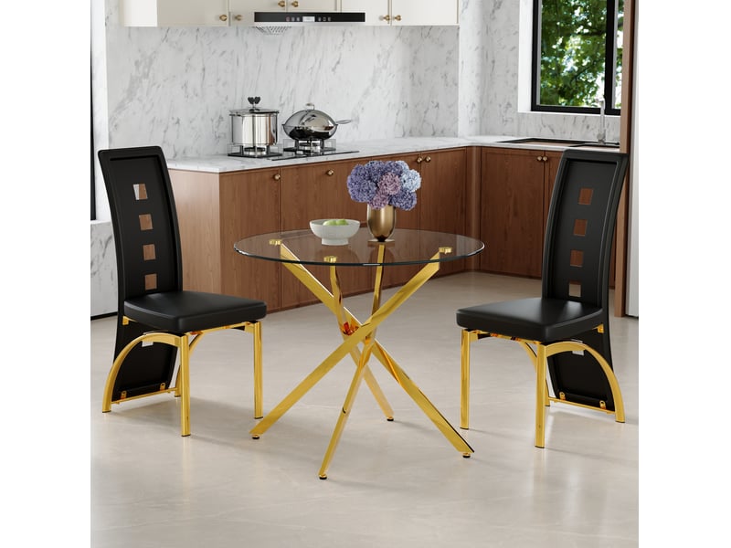  Ensemble table ronde 88 cm et 2 chaises noires en cuir régénéré, verre trempé et métal doré moderne  - Conforama B