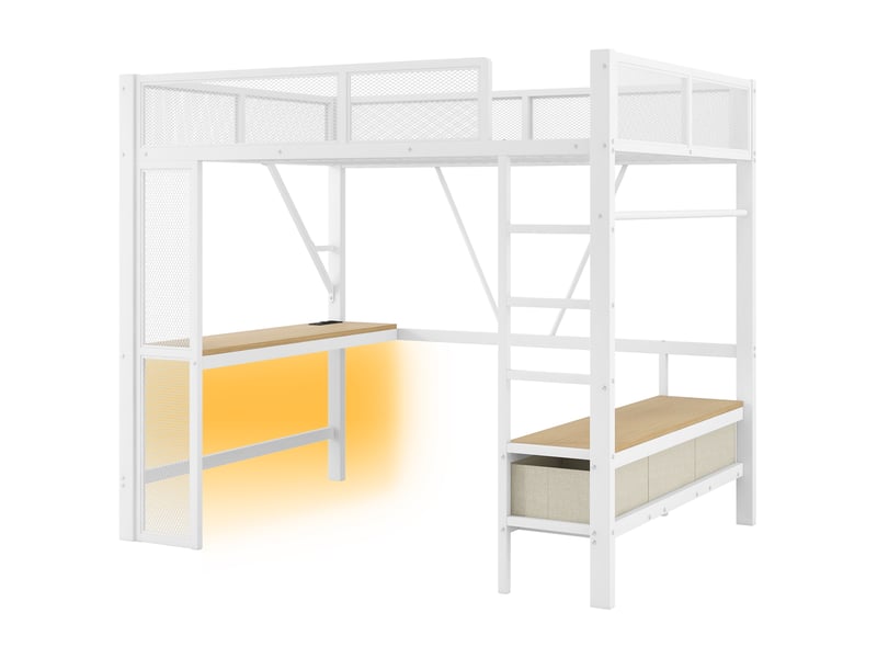 Lit mezzanine 140x200 cm blanc, avec bureau, 3 tiroirs, penderie, led 16 couleurs, usb, structure métal, sommier inclus, sans matelas - Conforama D