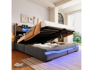 Lit coffre 160 × 200 cm 2 places avec usb, type-c, led réglable et rangement, sans matelas, gris