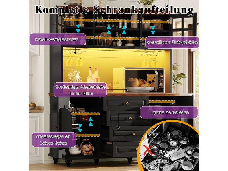  Buffet cuisine 4 portes et 4 tiroirs, 140 x 40 x 179,5 cm, éclairage led, étagères réglables, rangements latéraux et porte-verres, mdf, noir Morn Vibe - Conforama E