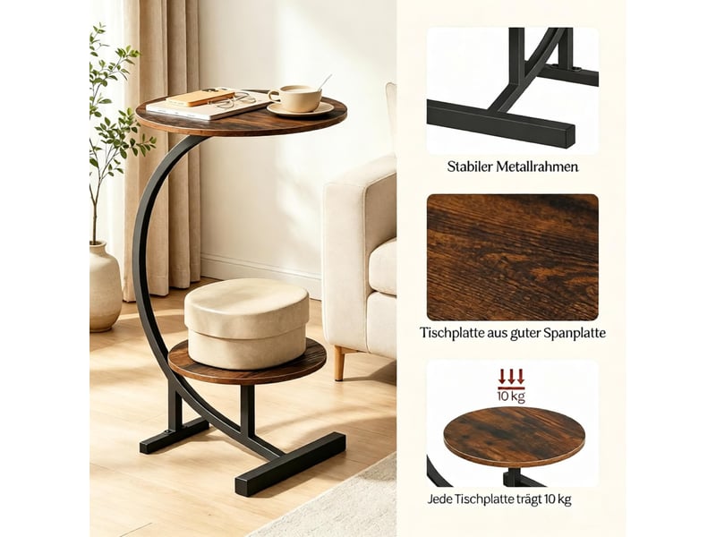  Table basse fixe avec 2 plateaux ronds de rangement, style industriel, pour salon, en mdf et métal, brun rustique  - Conforama E